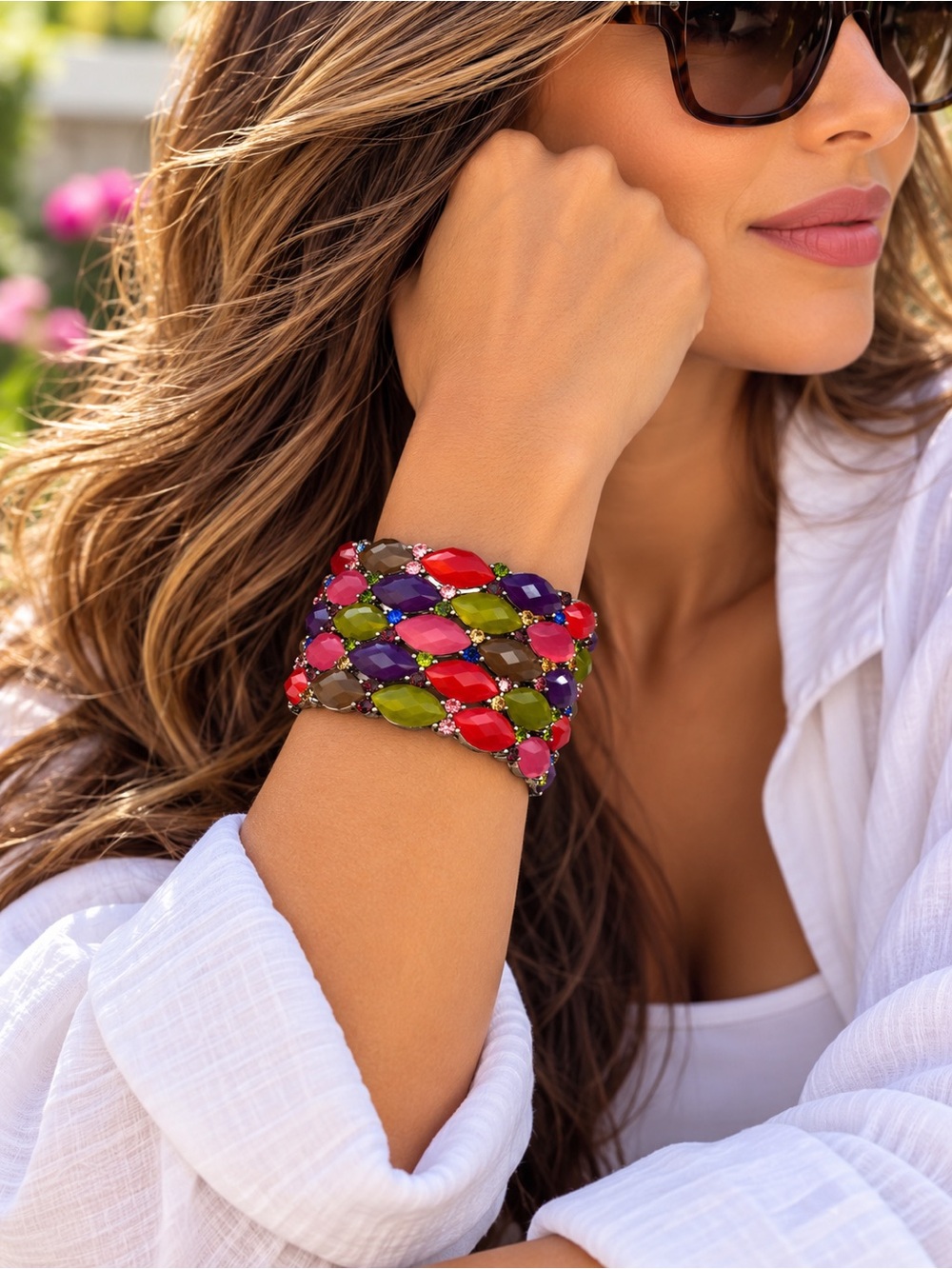 Multicolor Statement Cuff Bracelet Large 9-10” Colorful Rhinestone Boho Glam